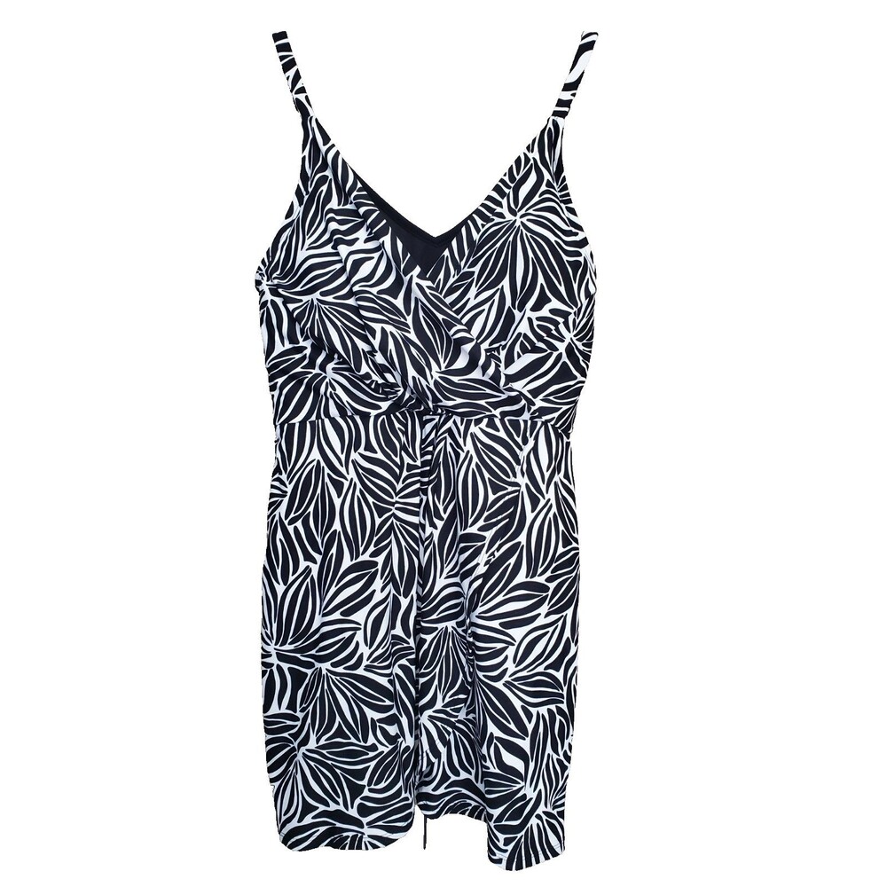 Lands' End Women's UPF 50 Faux Wrap Swim Dress Black Leaf Print Size Medium